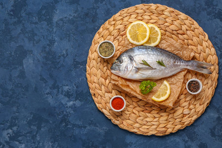 Raw dorado fish with lemon and spices on blue backgroundの写真素材