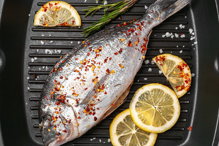 Raw dorado fish with lemon on grill panの写真素材
