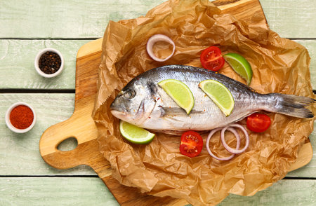 Board of raw dorado fish with lime, onion and spices on green wooden backgroundの写真素材