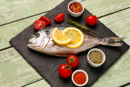 Slate board of raw dorado fish with lemon, tomatoes and spices on green wooden backgroundの写真素材