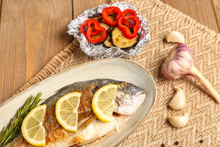 Plate with tasty grilled dorado fish on wooden backgroundの写真素材