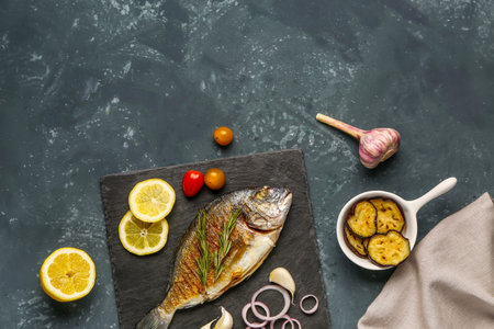 Slate board with tasty grilled dorado fish on gray background