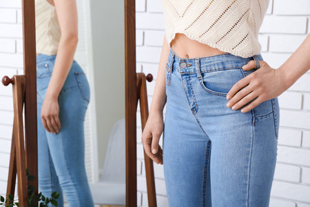 Young woman in stylish jeans near the mirror in the roomの写真素材