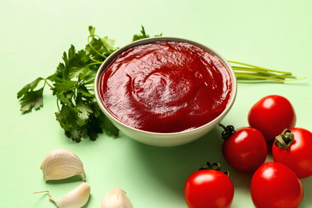 Bowl with tomato paste and fresh vegetables on green background