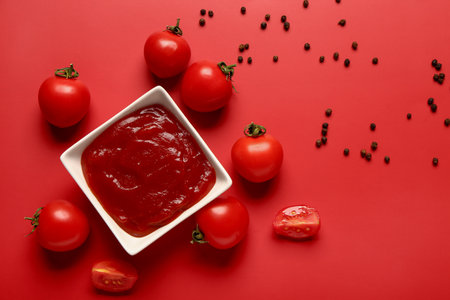 Bowl with tomato paste and fresh vegetables on red backgroundの写真素材