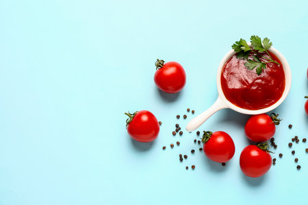 Bowl with tomato paste and fresh vegetables on blue backgroundの写真素材