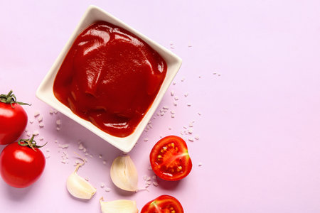 Bowl with tomato paste and fresh vegetables on lilac backgroundの写真素材