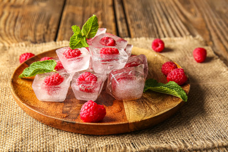Plate of ice cubes with fresh raspberries and mint on wooden background