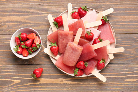 Plate with sweet strawberry ice-cream and bowl of berries on wooden backgroundの写真素材