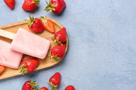 Wooden board with sweet strawberry ice-cream  on blue backgroundの写真素材