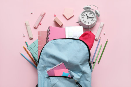Blue school backpack with notebooks, alarm clock and pencils on pink backgroundの写真素材