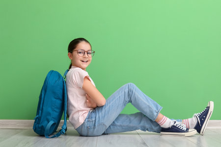Little girl with backpack near green wallの写真素材