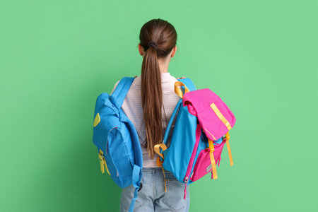 Little girl with backpacks on green background, back view