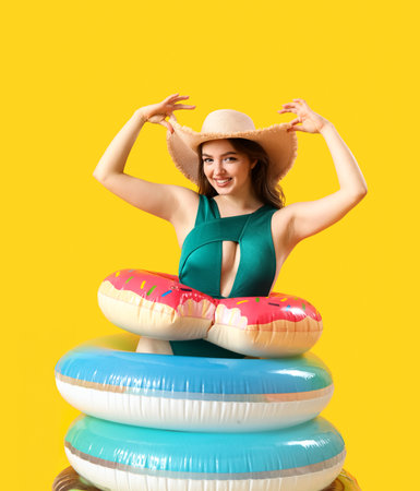 Young woman with swim rings on yellow backgroundの写真素材