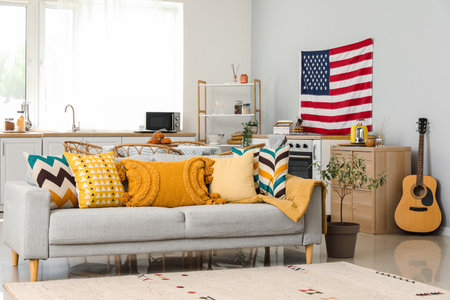 Interior of modern kitchen with hanging USA flagの写真素材