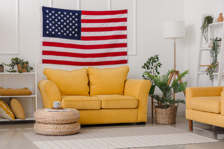Interior of modern living room with hanging USA flagの写真素材
