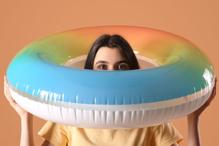 Young woman with inflatable ring on beige background