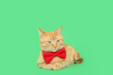 Cute ginger cat with bow tie lying on green backgroundの写真素材