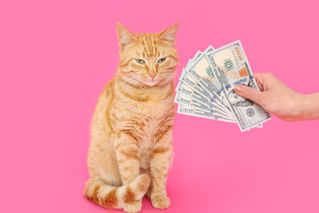 Cute ginger cat and female hand with dollar banknotes on pink backgroundの写真素材