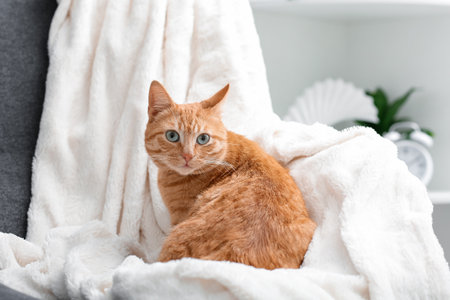 Cute ginger cat lying on plaid at homeの写真素材