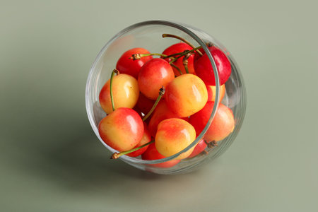 Glass with sweet yellow cherry on green backgroundの写真素材