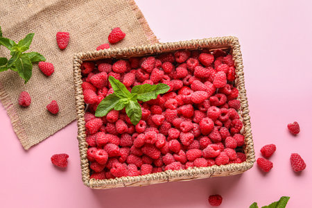 Wicker box with fresh raspberries and mint on pink backgroundの写真素材