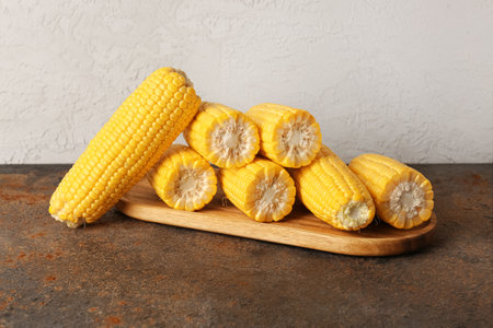 Wooden board with fresh corn cobs on dark tableの写真素材