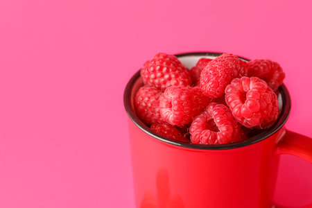 Cup with fresh raspberries on pink backgroundの写真素材