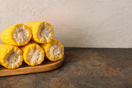 Wooden board with cut fresh corn cobs on dark tableの写真素材