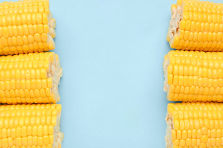 Cut fresh corn cobs on blue background