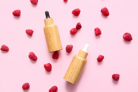 Bottles of cosmetic raspberry oilの写真素材