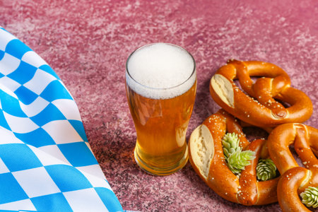 Flag of Bavaria, mug with beer and pretzels on purple background