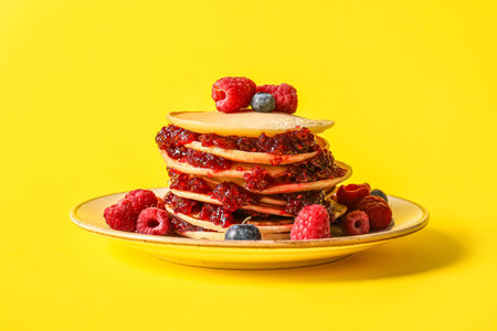 Plate of tasty pancakes with raspberries and blueberries on yellow background