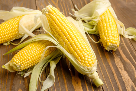 Fresh corn cobs on wooden background