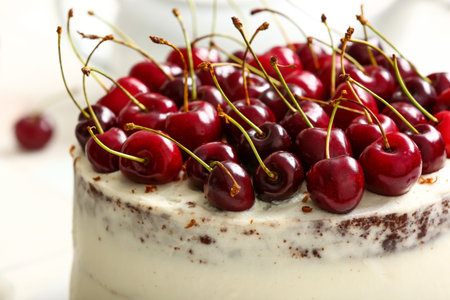 Tasty cake with fresh cherry, closeupの写真素材