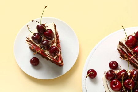Plates with tasty cherry cake on yellow background