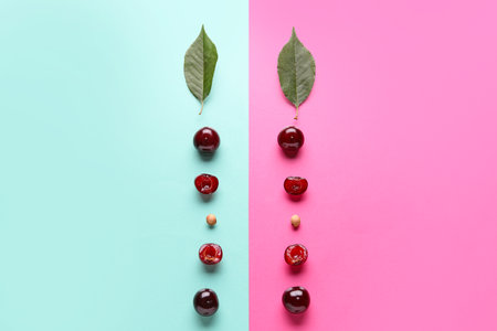 Sweet cherry with halves and leaves on colorful backgroundの写真素材