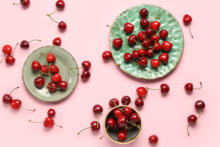 Plates and bowl with sweet cherries on pink backgroundの写真素材
