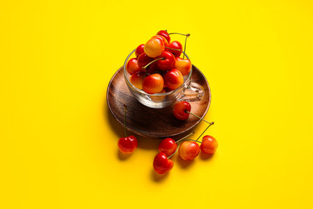 Glass cup with sweet cherry on yellow background