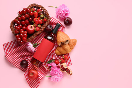 Composition with tasty food for picnic, bottle of wine and peony flowers on pink backgroundの写真素材