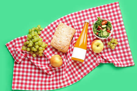 Bowl with salad, bottle of juice, bread and fruits for picnic on green backgroundの写真素材