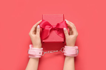 Woman in handcuffs with gift box on red backgroundの写真素材