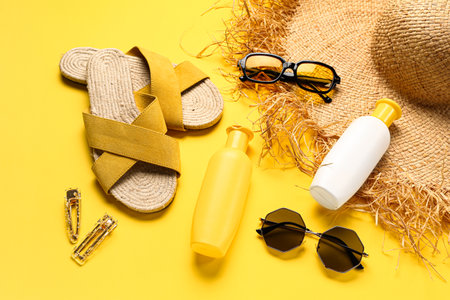 Sunglasses with bottles of sunscreen cream and beach accessories on yellow backgroundの写真素材