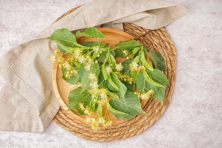 Wooden plate with branches of linden flowers on light backgroundの写真素材