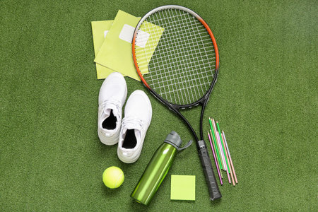 Sneakers with bottle of water, tennis ball, racket and different stationery on color backgroundの写真素材