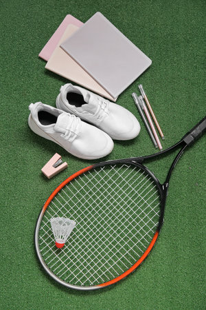 Sneakers with badminton shuttlecock, racket and different stationery on color backgroundの写真素材