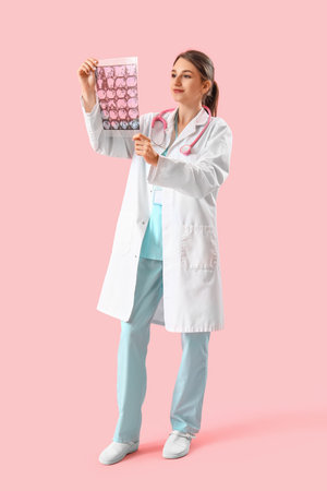 Female medical intern with x-ray scan on pink backgroundの写真素材