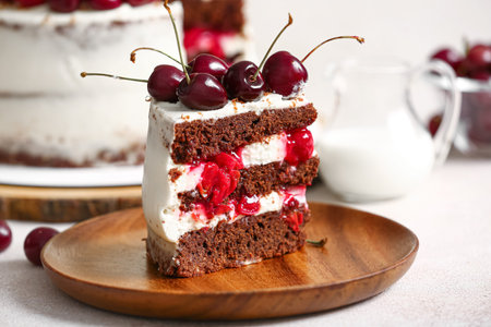 Plate with piece of tasty cherry cake on light background