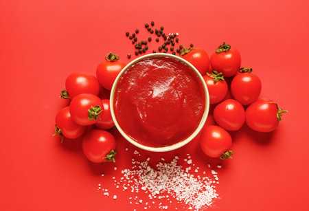 Bowl with tomato paste and fresh vegetables on red backgroundの写真素材