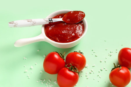 Bowl with tomato paste and fresh vegetables on green backgroundの写真素材